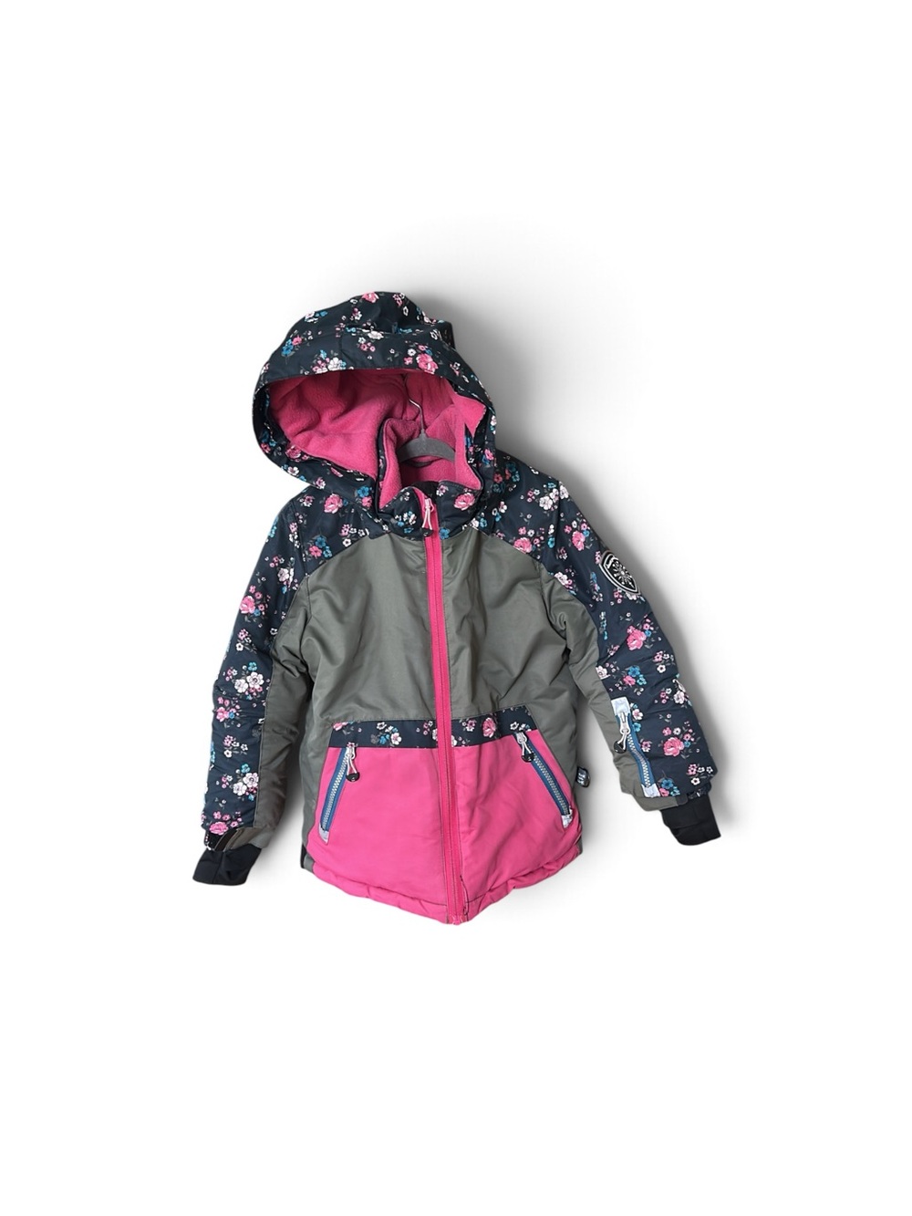 deux par deux Pink, Gray & Navy Floral Hooded Puffer Jacket